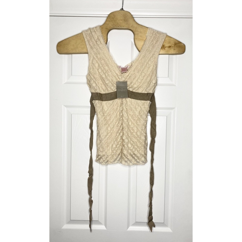 Lu Lu Lame Women's Lace Tank Top Back Tie Neutral Beige‎ Large New